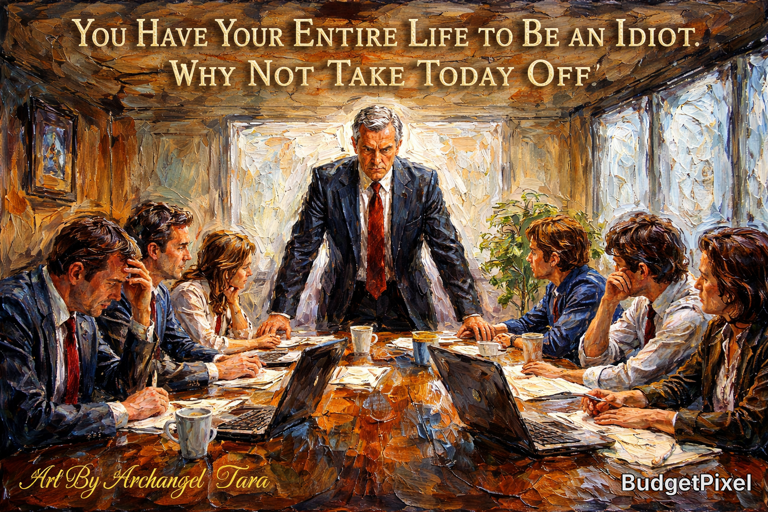 Painting of a tense boardroom meeting with a stern leader at the head of the table.
