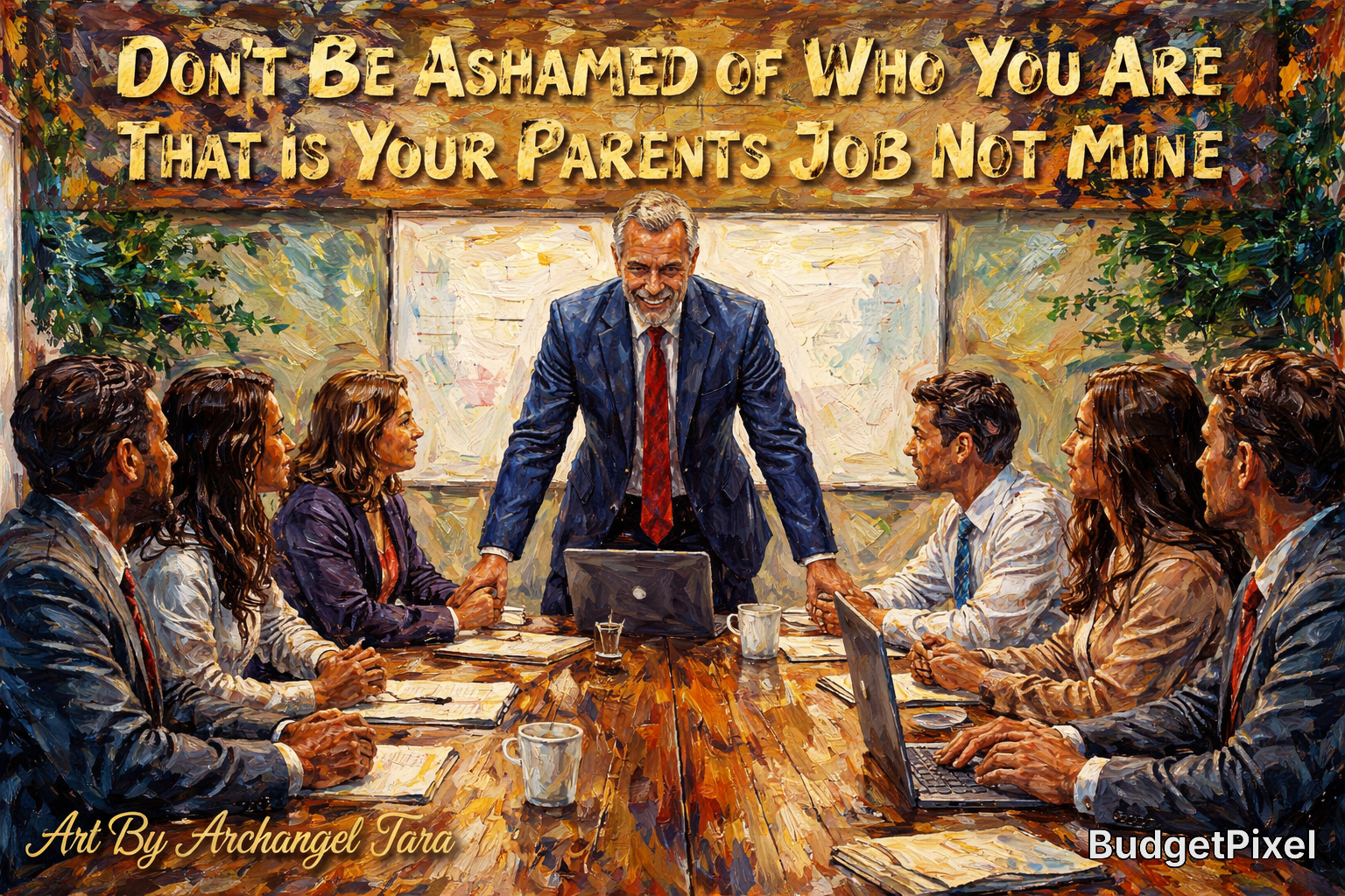 Painted business meeting with a standing leader and teammates around a wooden table, an inspirational quote above.