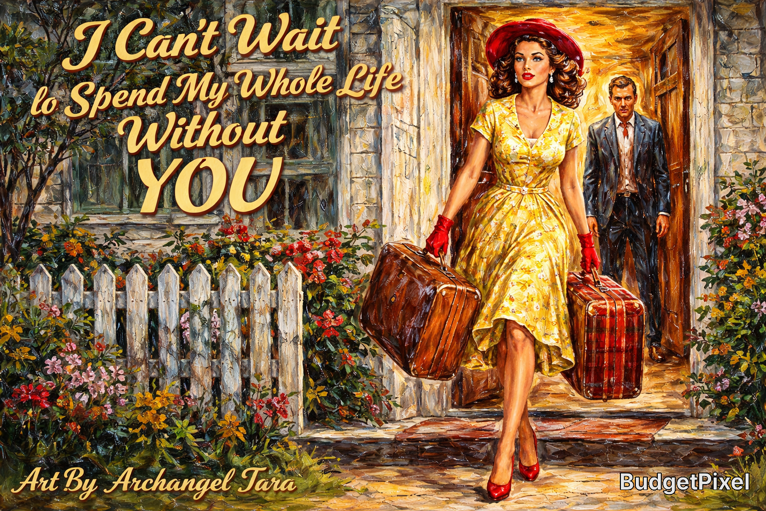 Vintage retro romance painting of a woman in a yellow dress carrying suitcases at a doorway, with a man in the background.