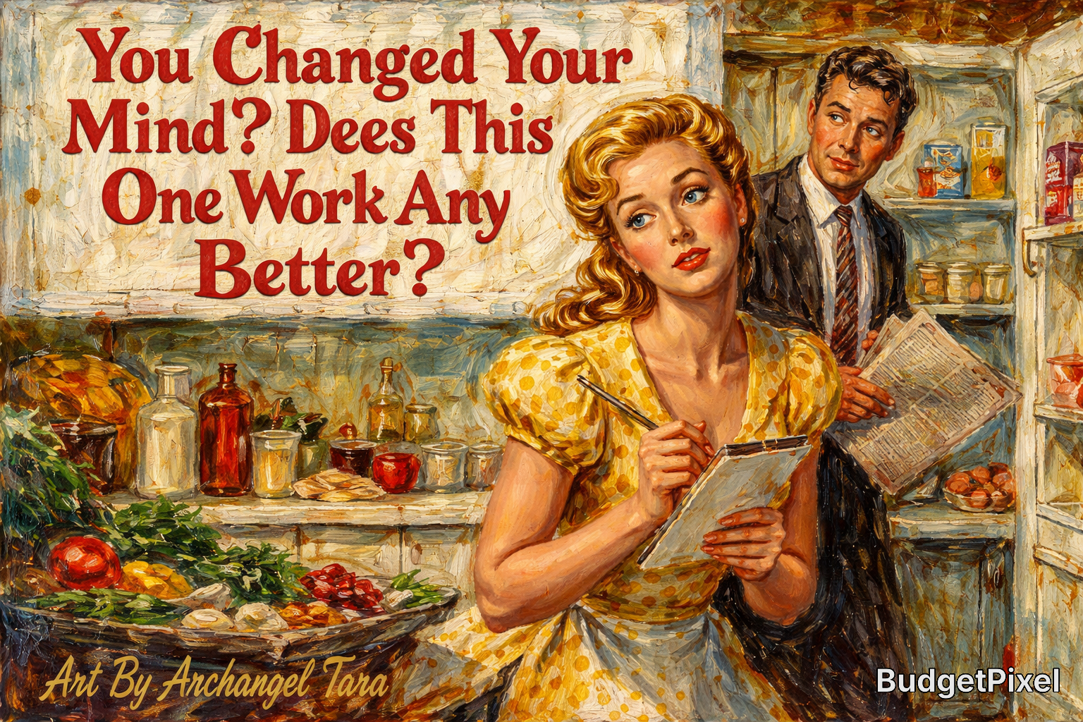 1950s-style painting of a woman writing on a clipboard in a grocery store, with a man in the background.