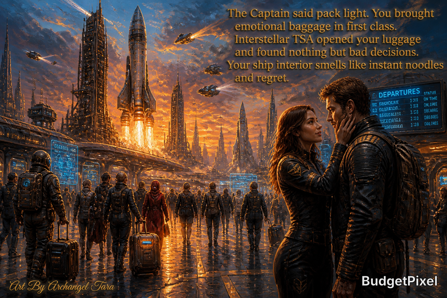Futuristic spaceport with travelers, a couple in the foreground, rocket towers, and glowing departures boards.