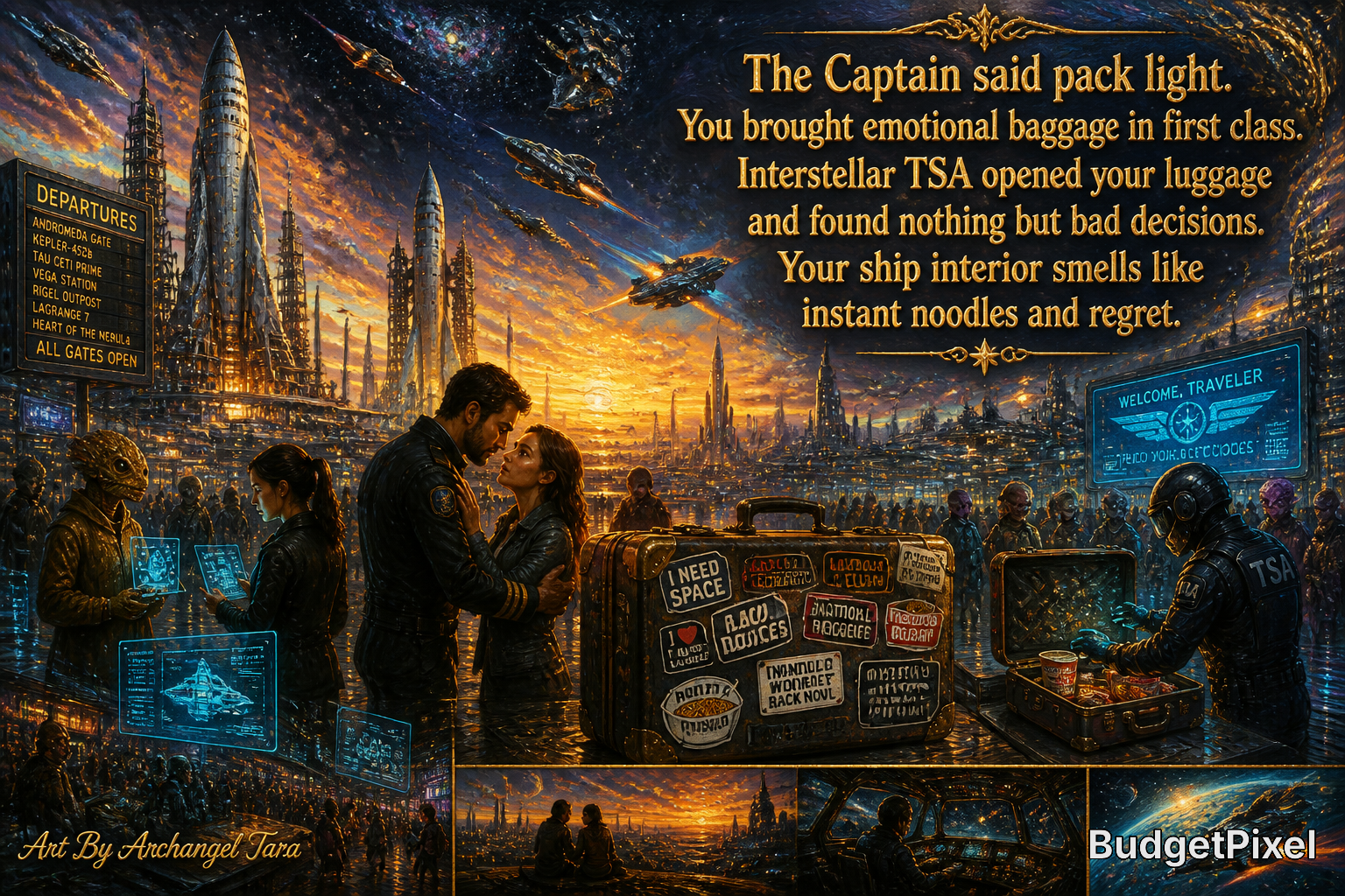A futuristic spaceport at sunset with travelers, holographic screens, and a couple embracing beside luggage.