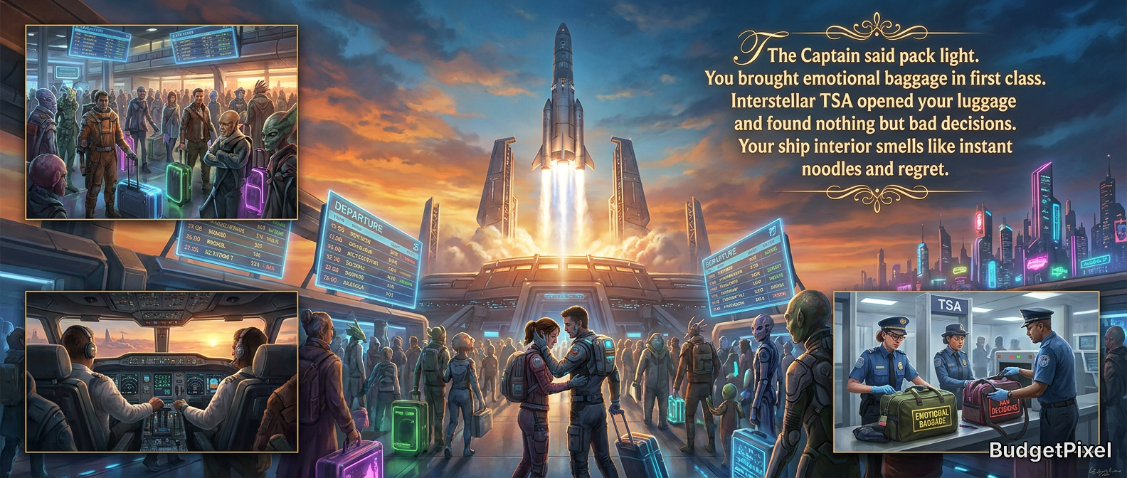 Crowded interstellar terminal with a rocket launch, passengers and colorful luggage amid futuristic screens.