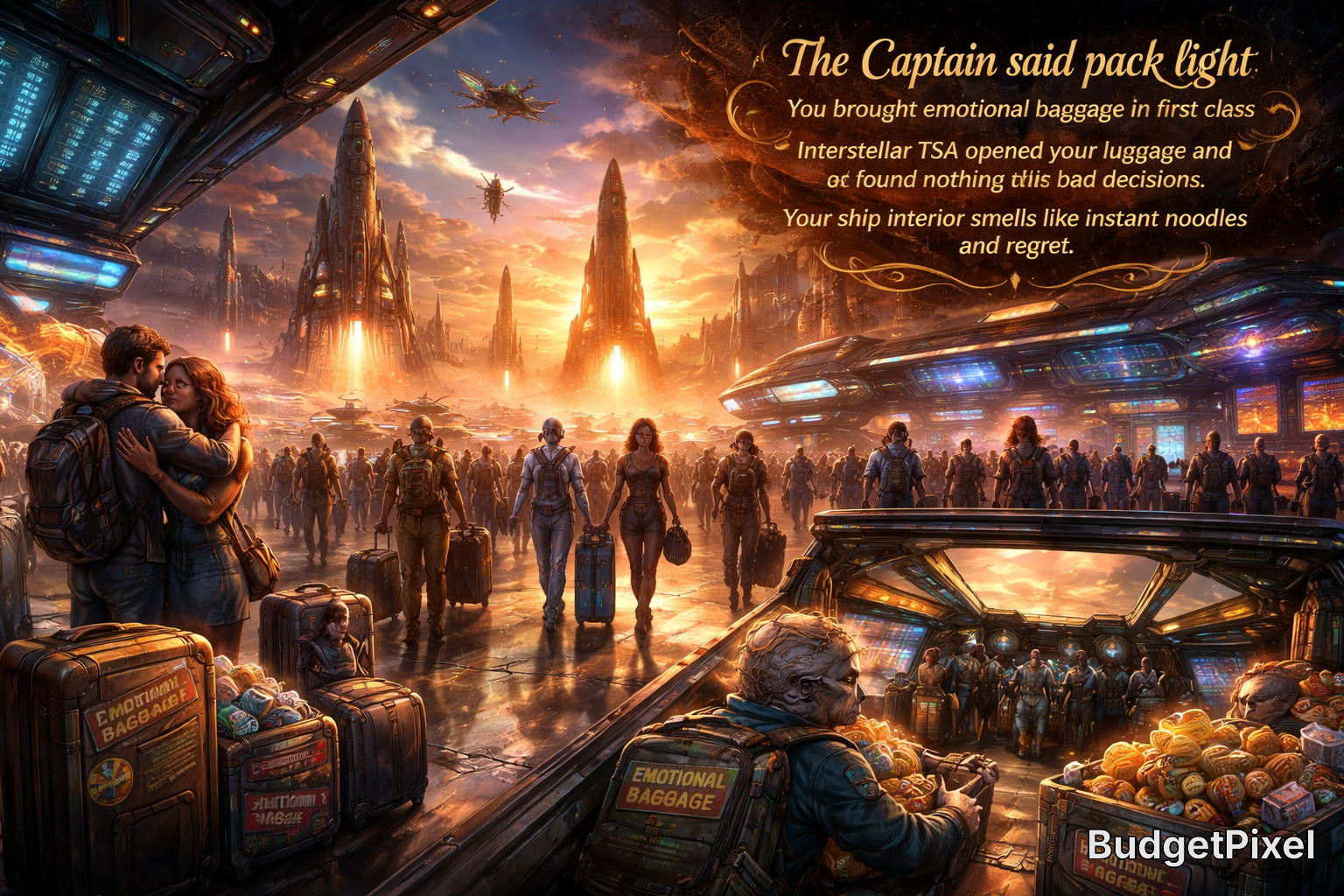 Crowded futuristic spaceport at sunset with travelers, ships, and luggage in warm orange light.