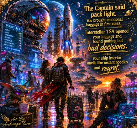 A sci-fi spaceport scene with astronauts, rockets, neon-lit terminals, and travelers in a futuristic cityscape.