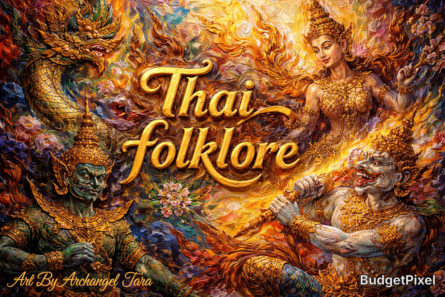 Vibrant Thai folklore artwork with a golden goddess, dragon, and mythic figures in fiery, colorful swirls.