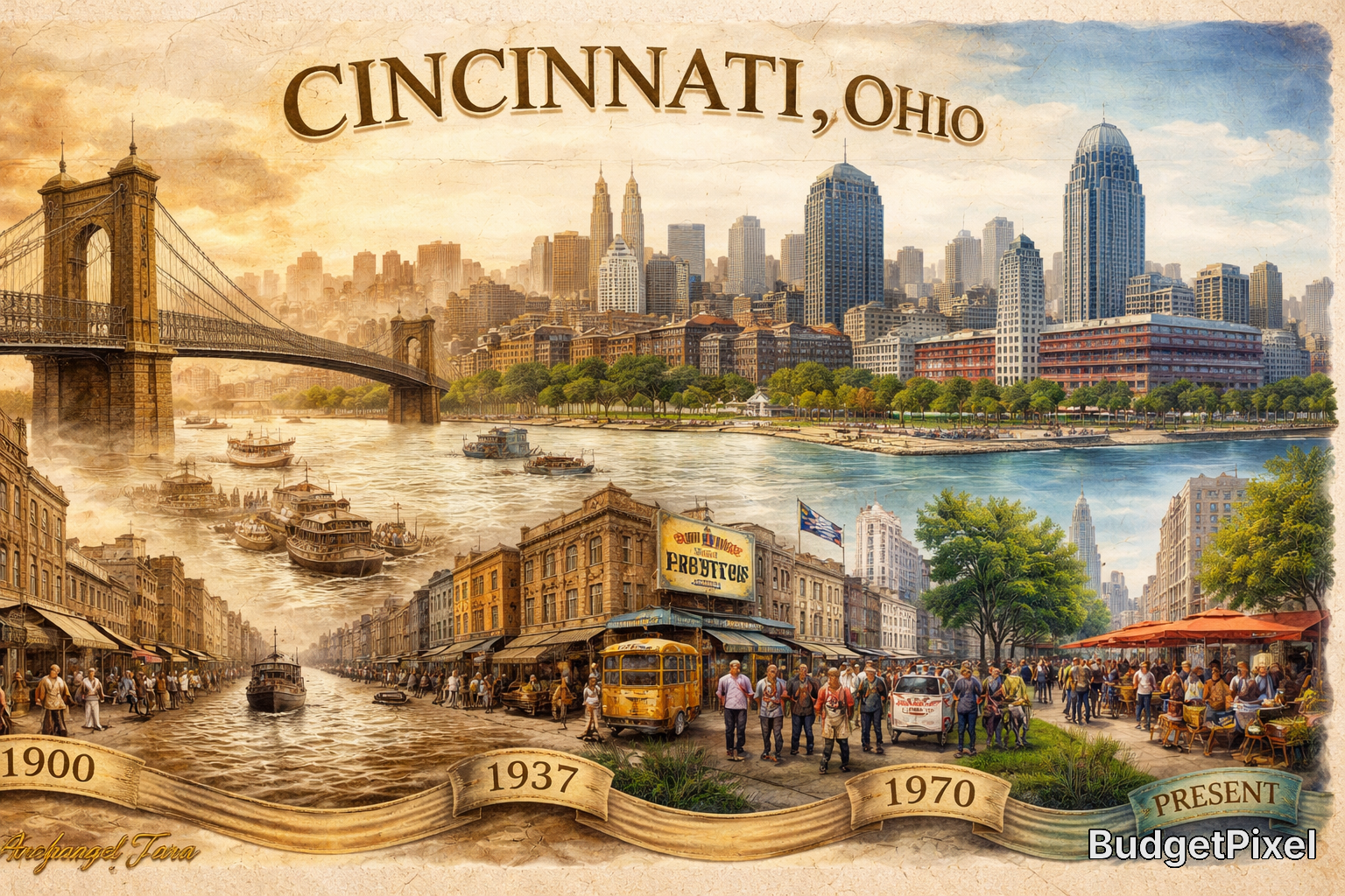 Vintage postcard-style collage of Cincinnati, Ohio featuring the skyline, bridges, riverfront, and bustling street scene.