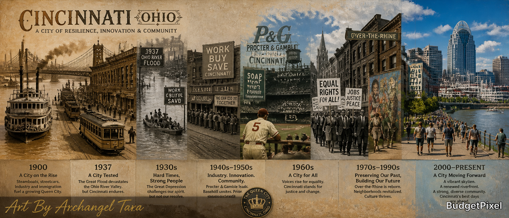 Historic Cincinnati timeline mural featuring city milestones along the riverfront.