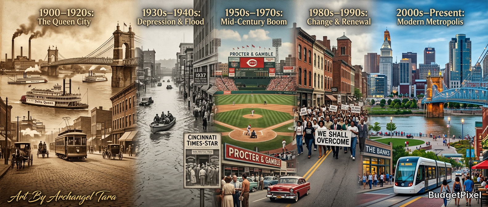 Collage showing city evolution from early 1900s Queen City to modern metropolis with bridges and skyline.