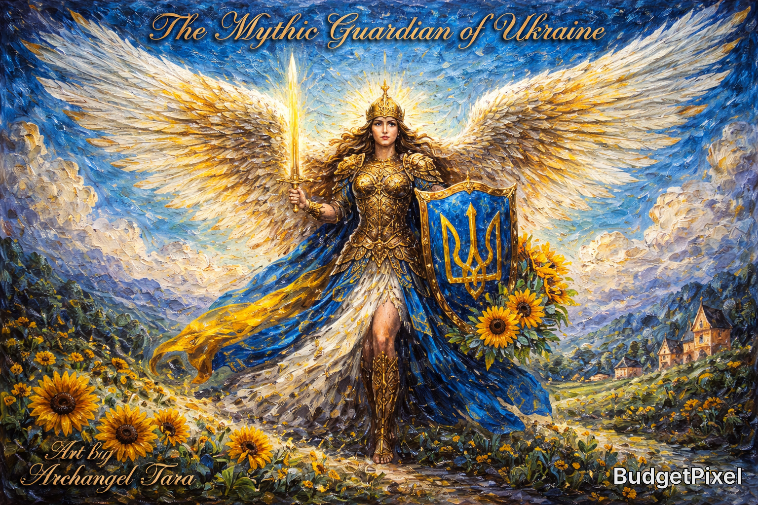 Winged armored goddess of Ukraine holding a sword and shield among sunflowers