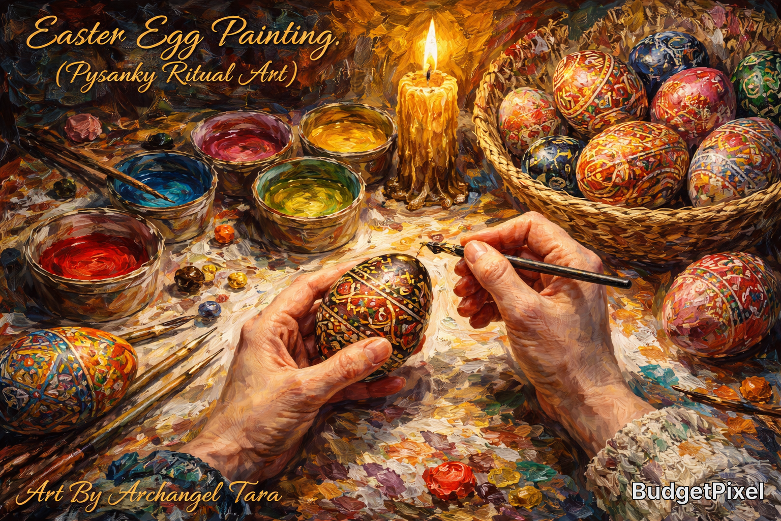 Close-up of hands painting a decorated Easter egg in a colorful pysanky workshop