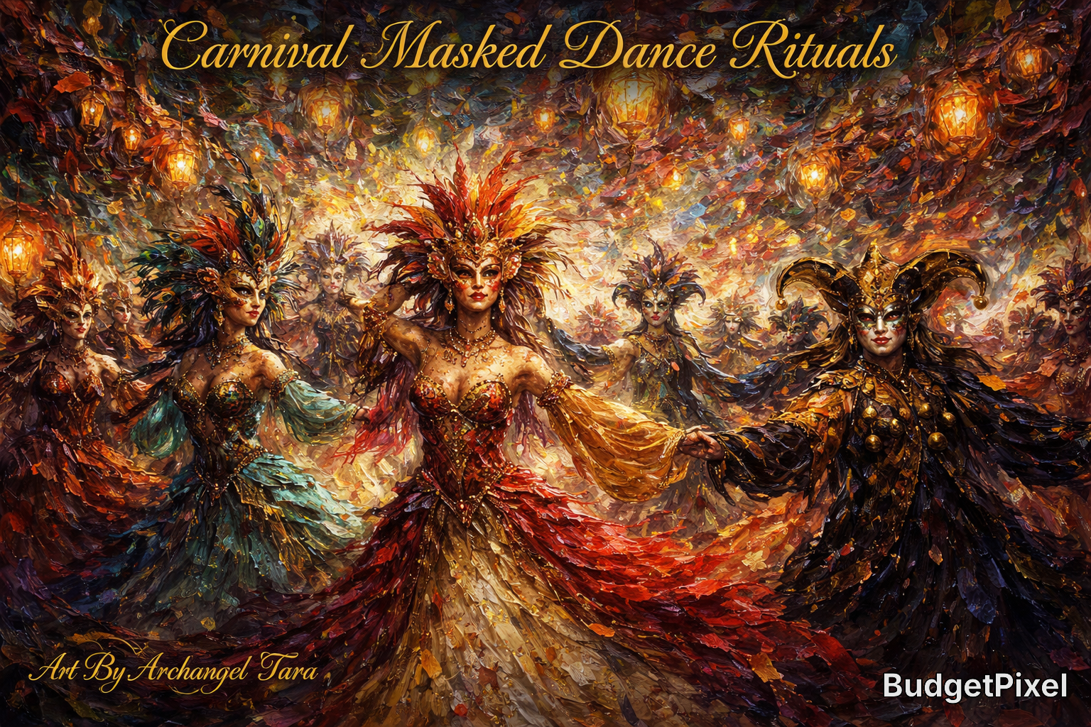 Carnival masked dancers in ornate feathered costumes dancing in a fiery, painterly festival scene.