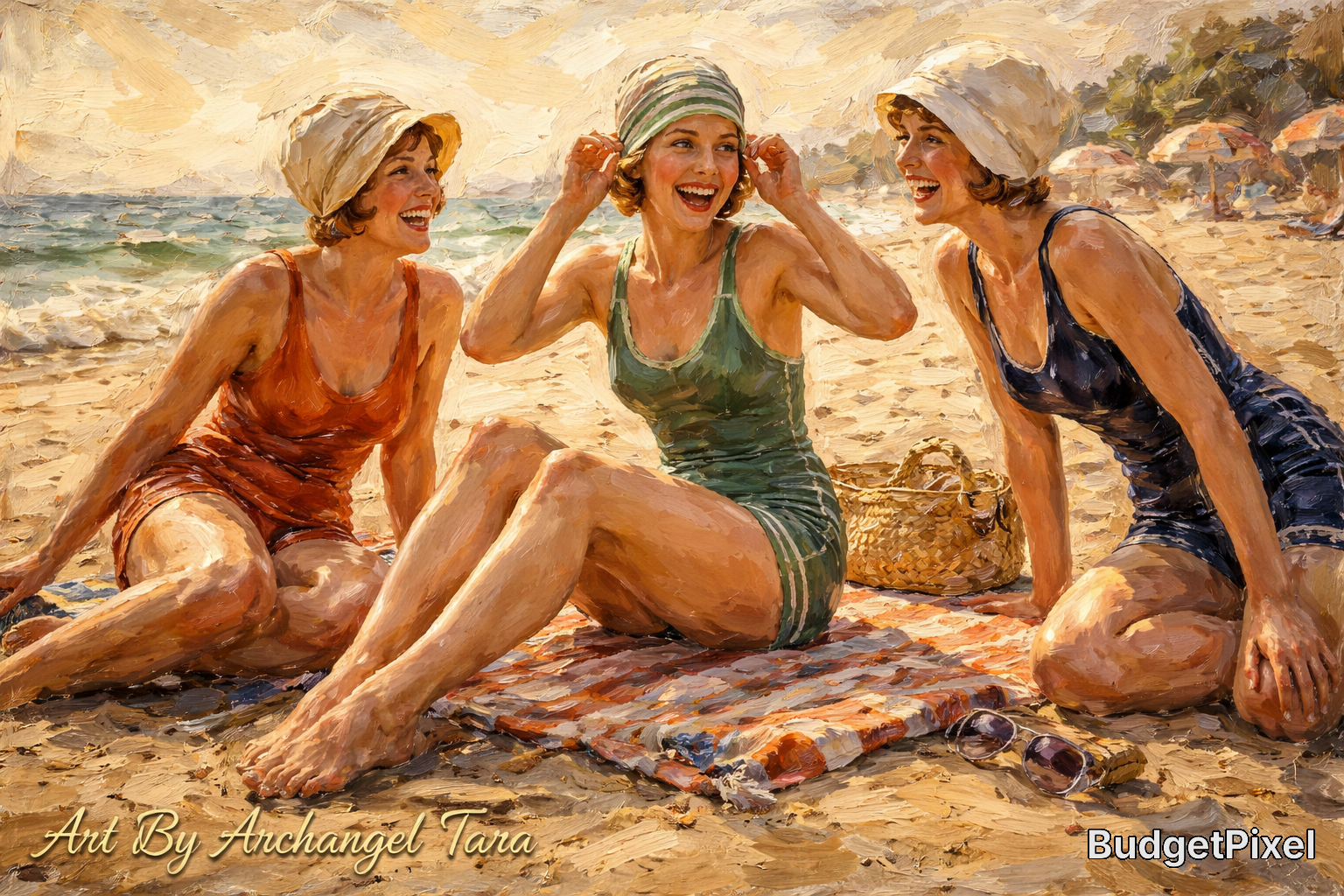 Three women in vintage swimsuits enjoy a sunny beachside chat on a sandy shore.