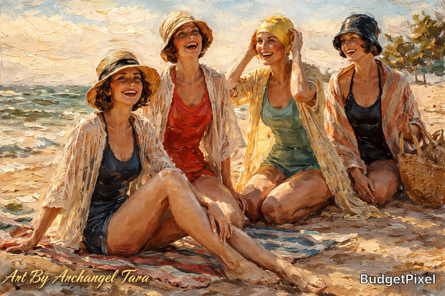 Four women in swimsuits and sun hats sit on the beach, laughing together at the shoreline.