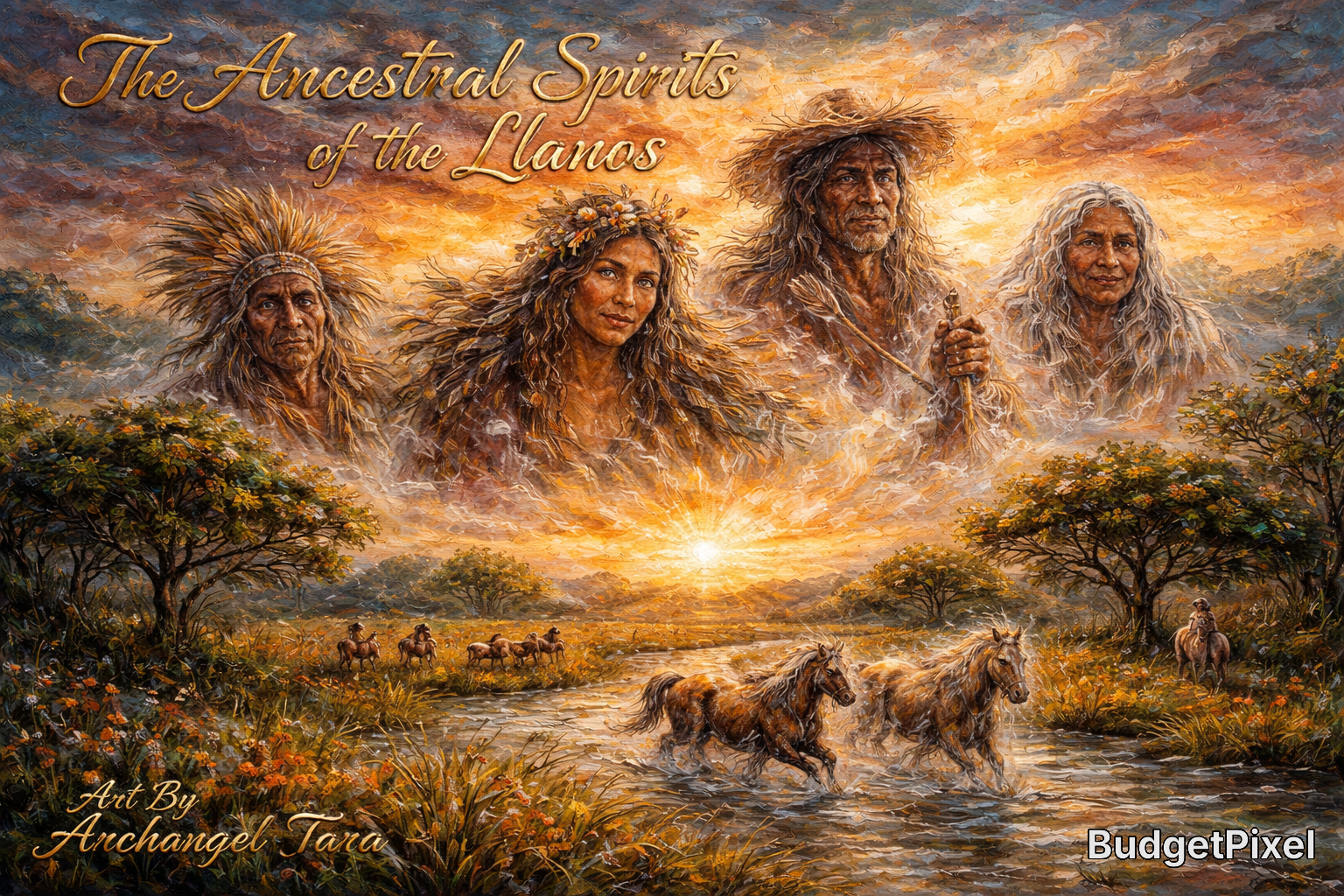 Four ancestral spirits loom in the sky above a sunset Llanos landscape with galloping horses crossing a river.