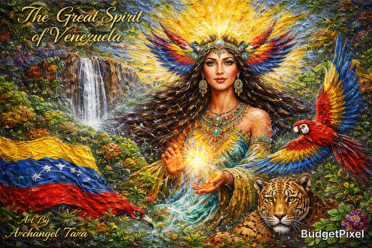 Vibrant mythic painting of a regal woman with radiant headdress, light in her hands, flanked by a jaguar and a colorful ma...
