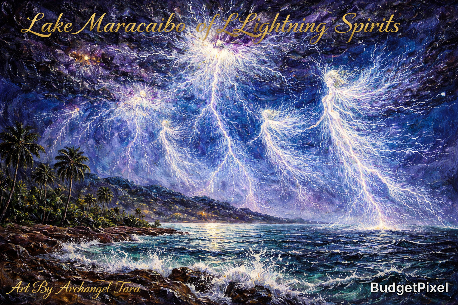 Dramatic night scene of Lake Maracaibo with bright lightning bolts over a rocky shore and palm trees.