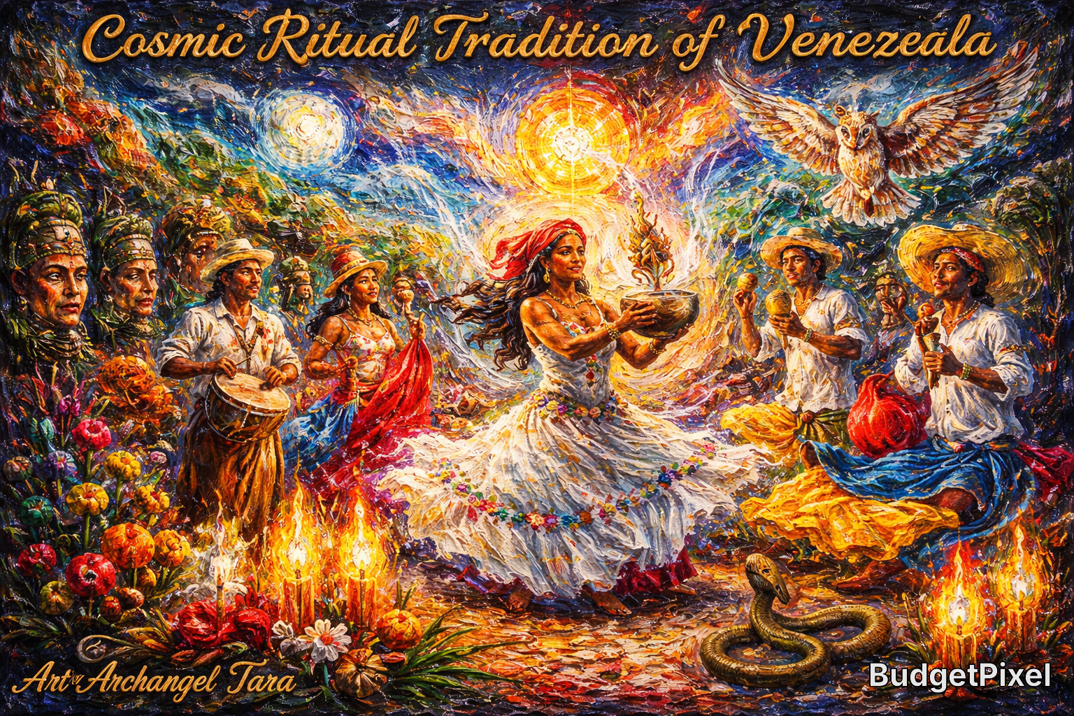Vibrant painting of a Venezuelan cosmic ritual with dancers, drums, and a central woman in a flowing white dress.