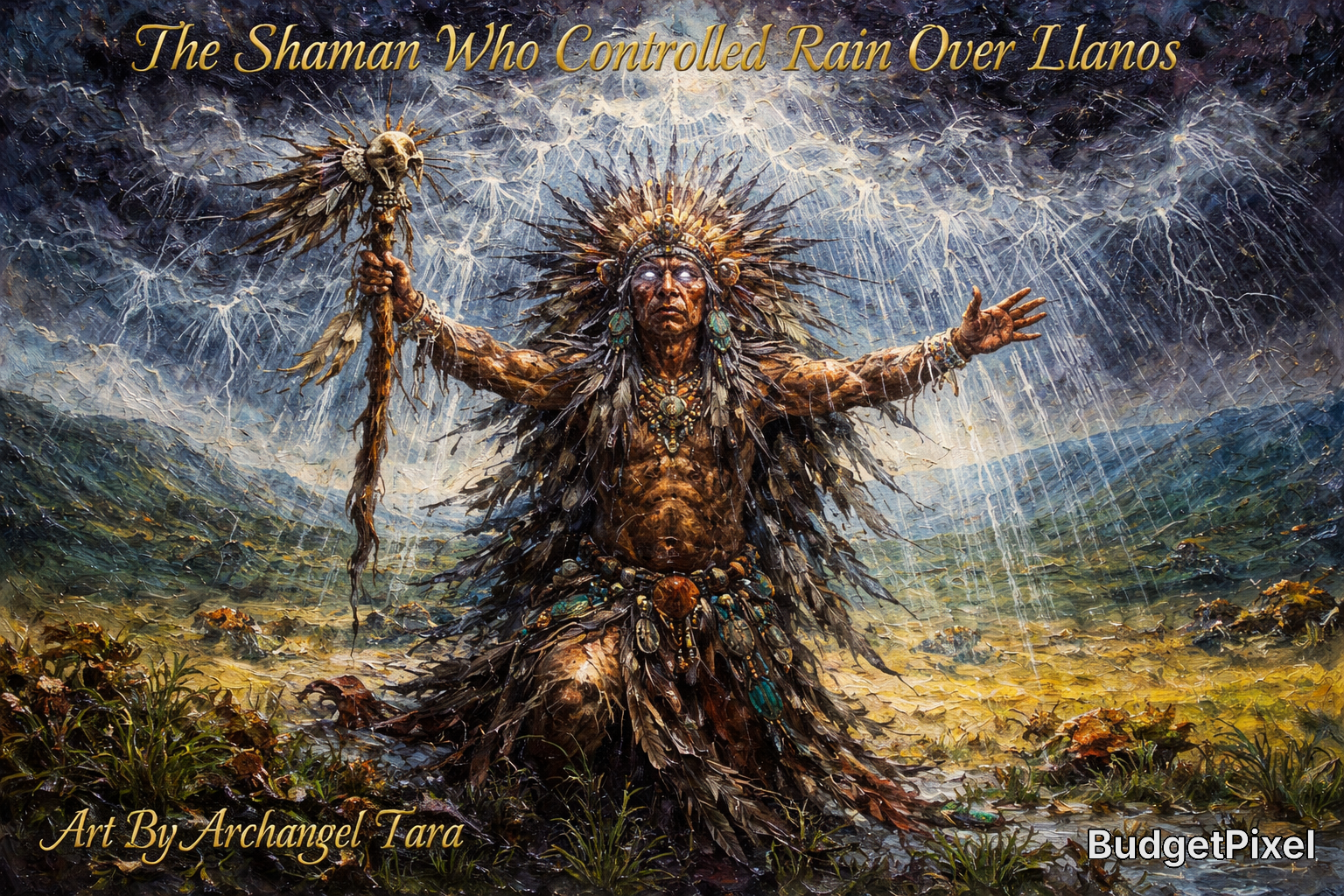 Shaman in elaborate feather attire raises a staff amid a stormy rain-soaked savanna.