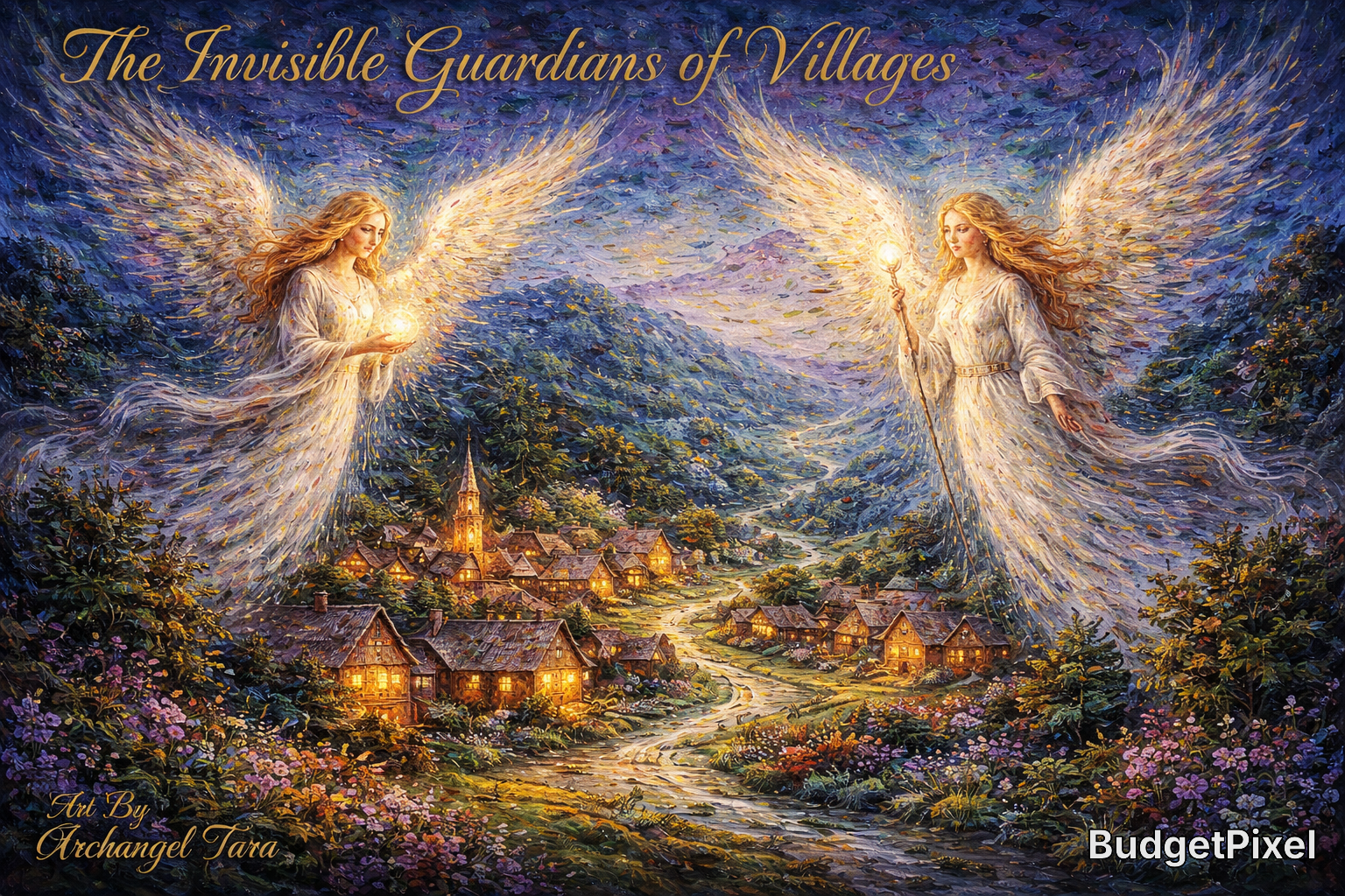 Two glowing angels hover over a lit village at dusk, guiding with warm, radiant light.