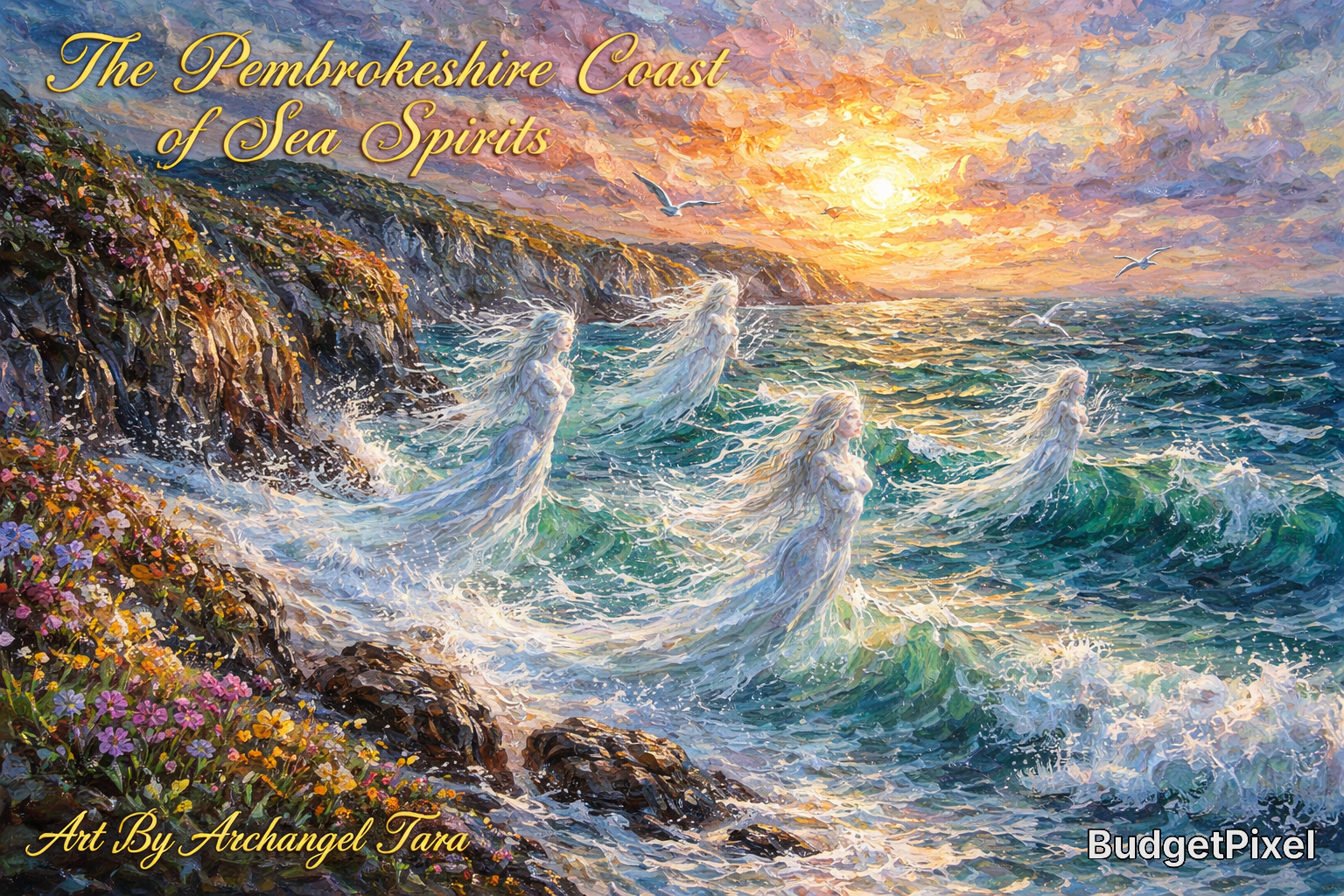Whimsical coastal painting of translucent sea spirits rising from waves along Pembrokeshire cliffs at sunset.
