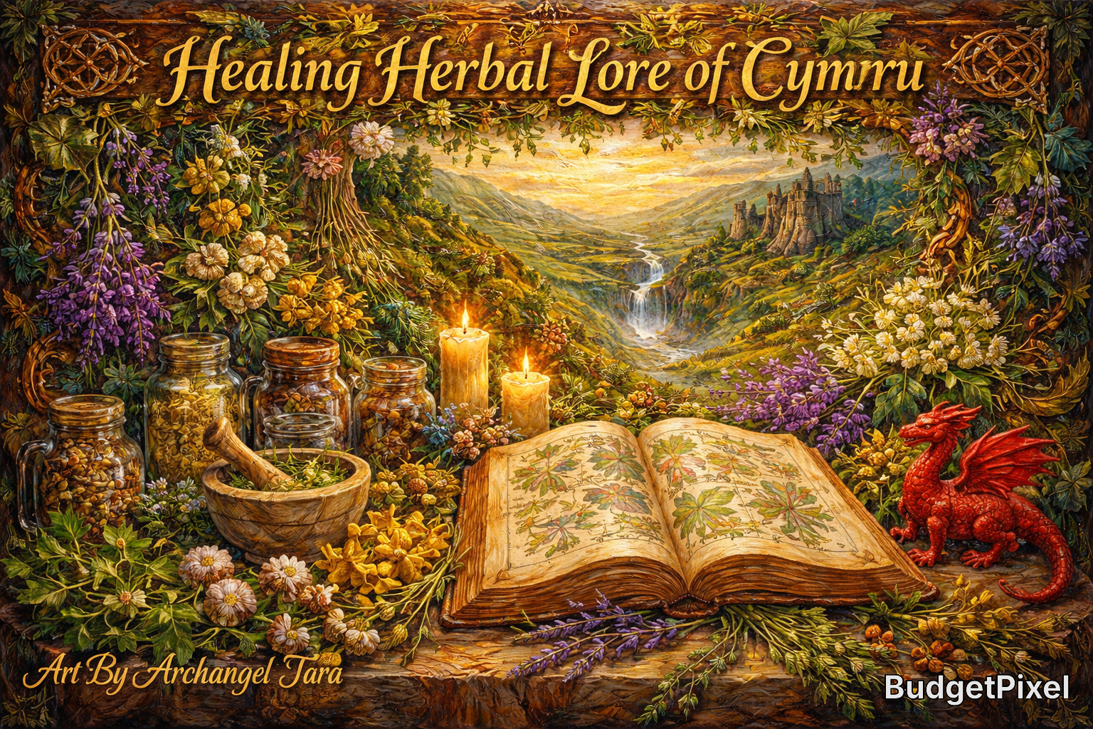 Open herbal book surrounded by jars, candles, and vibrant wildflowers in a mystical Celtic landscape