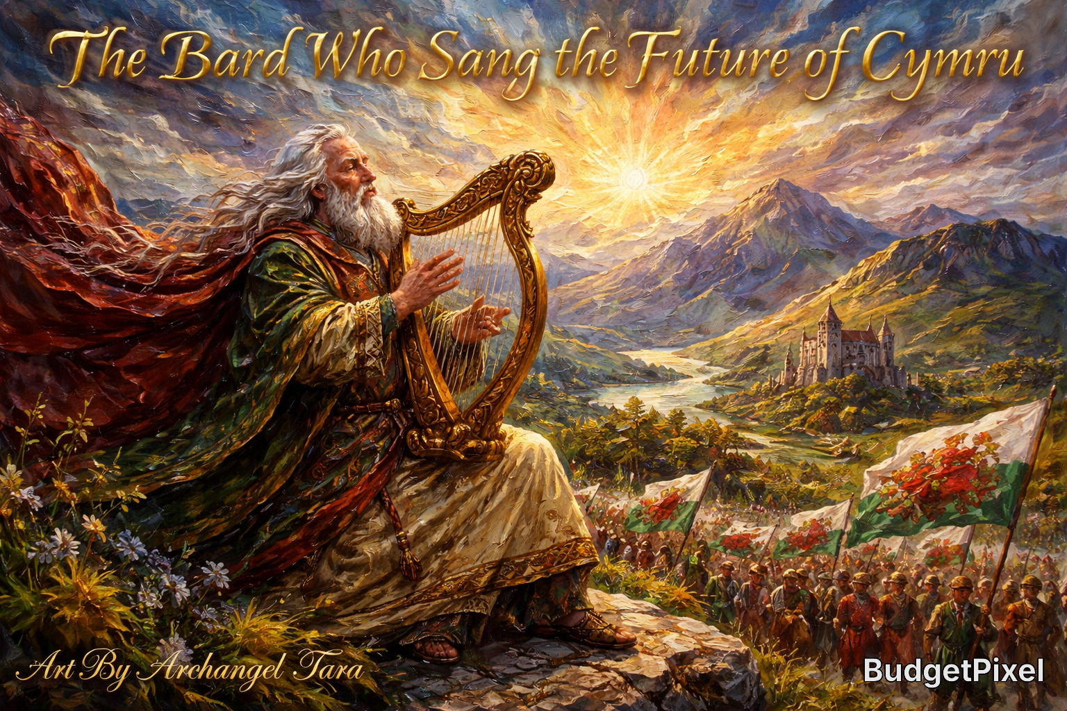 The bard playing a golden harp on a rocky hill, with a radiant sunrise, Welsh flags, and a distant castle.