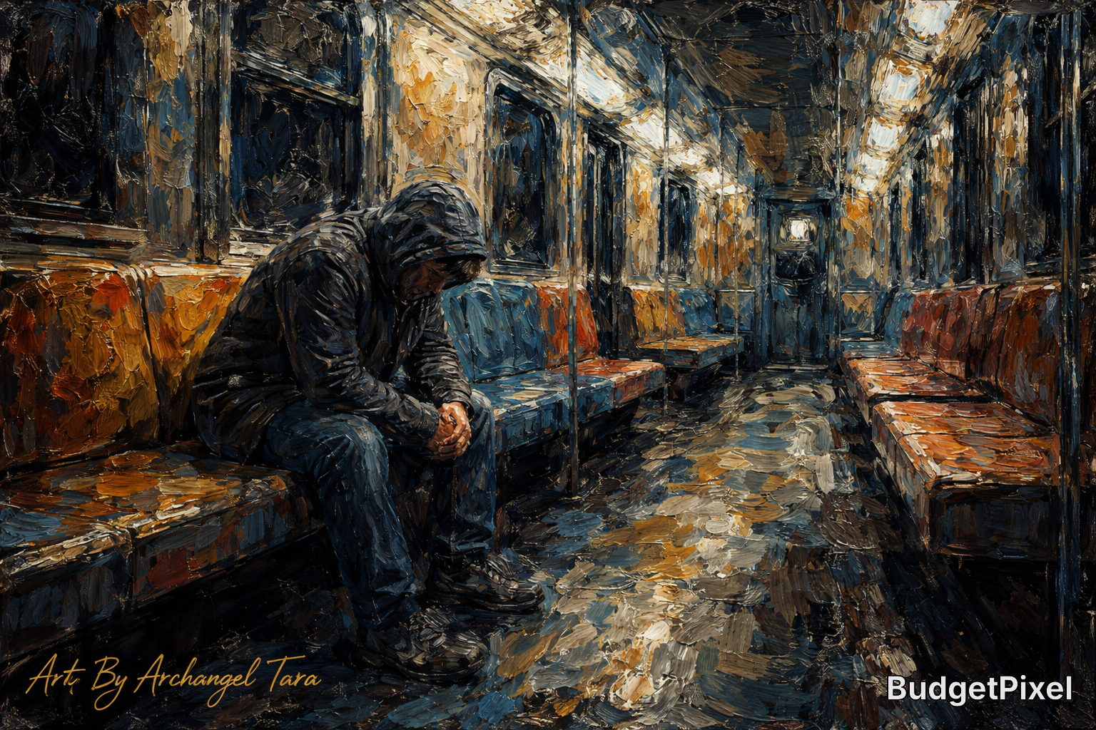 A solitary figure in a hoodie sits dejectedly on a dim subway car bench in moody impressionist style.