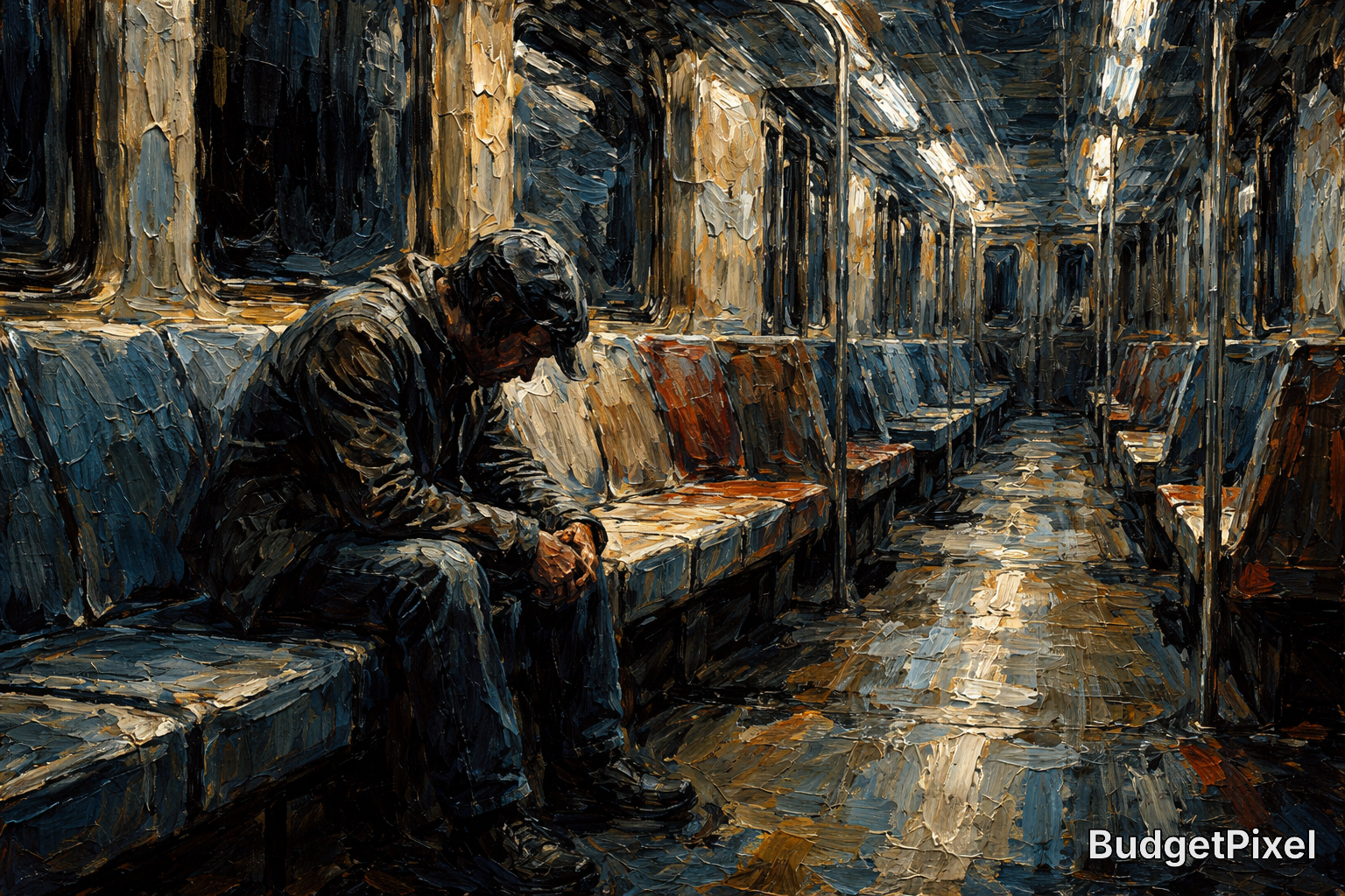 A solitary man sits on a dim subway bench in an impressionist-style train interior.