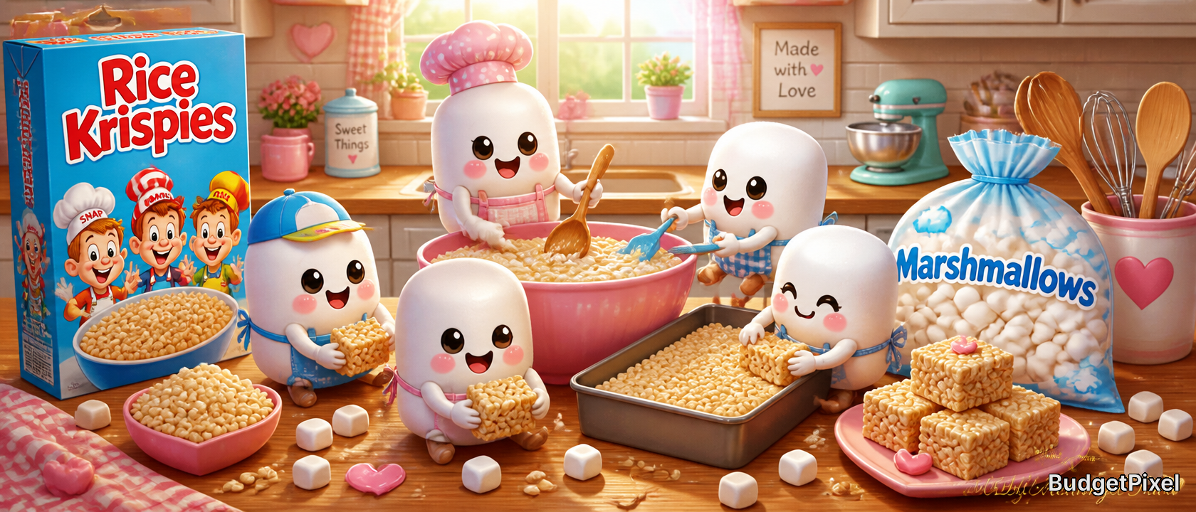 Cute marshmallow characters bake Rice Krispies in a bright, playful kitchen with cereal boxes and marshmallows.