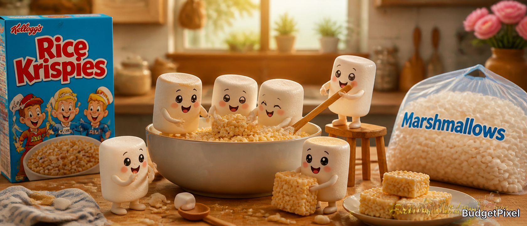 Cheerful marshmallow characters around a bowl of Rice Krispies treats in a sunny kitchen.
