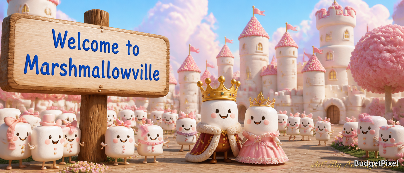 Whimsical marshmallow king and queen in a candy castle village with smiling marshmallow characters.