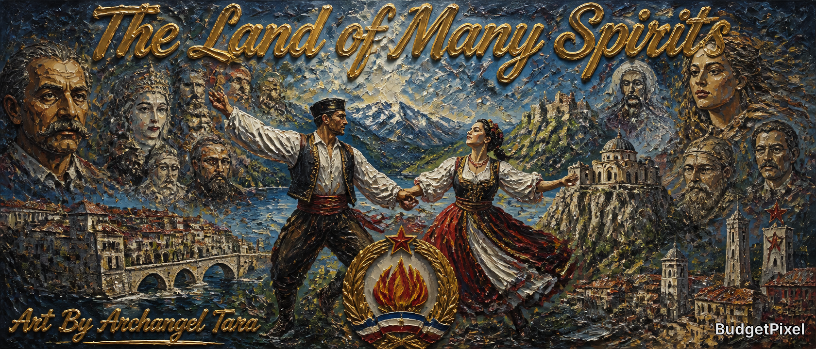 Colorful mural titled "The Land of Many Spirits" with a dancing couple, mountains, and surrounding portrait figures.