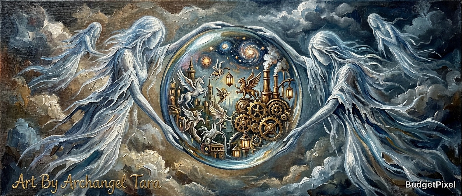 Surreal painting of a glass sphere housing gears and a steampunk city, surrounded by winged wispy figures.