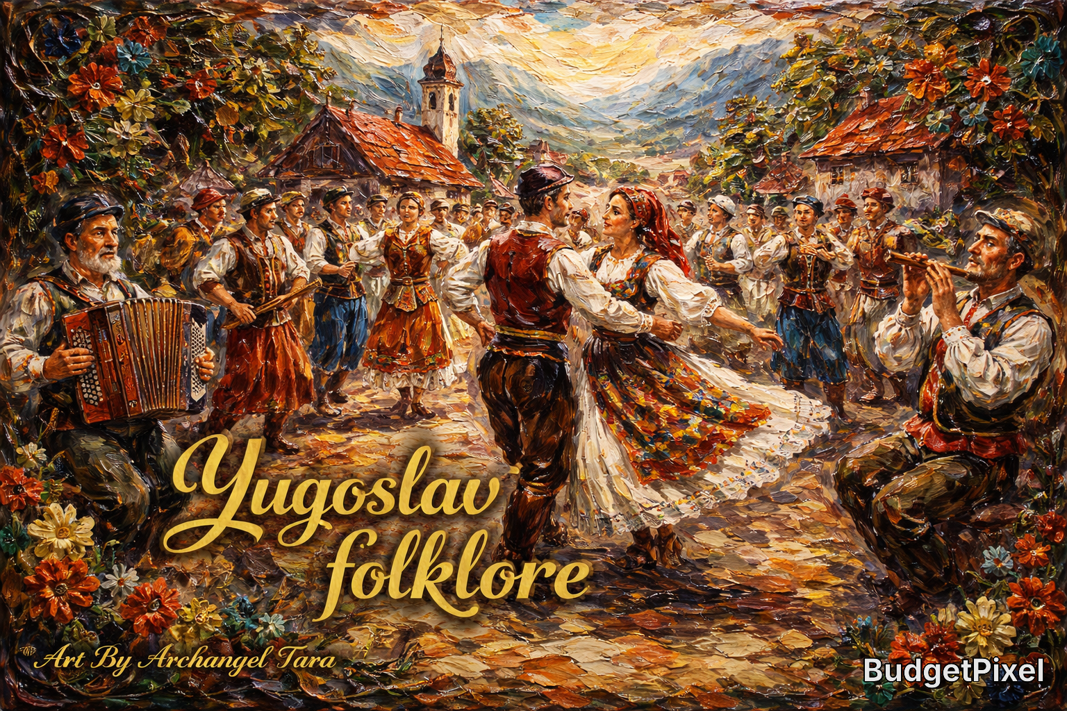 Lively Balkan folk dancers in traditional costumes with musicians in a festive village square.