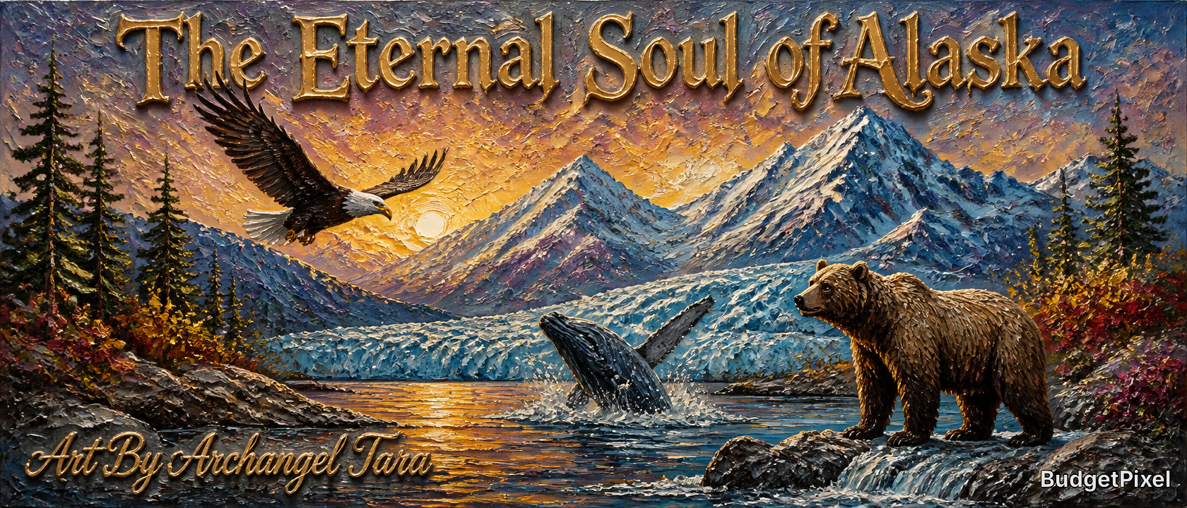 Alaskan landscape painting with a bear, eagle, whale, and snow-capped mountains at sunset.