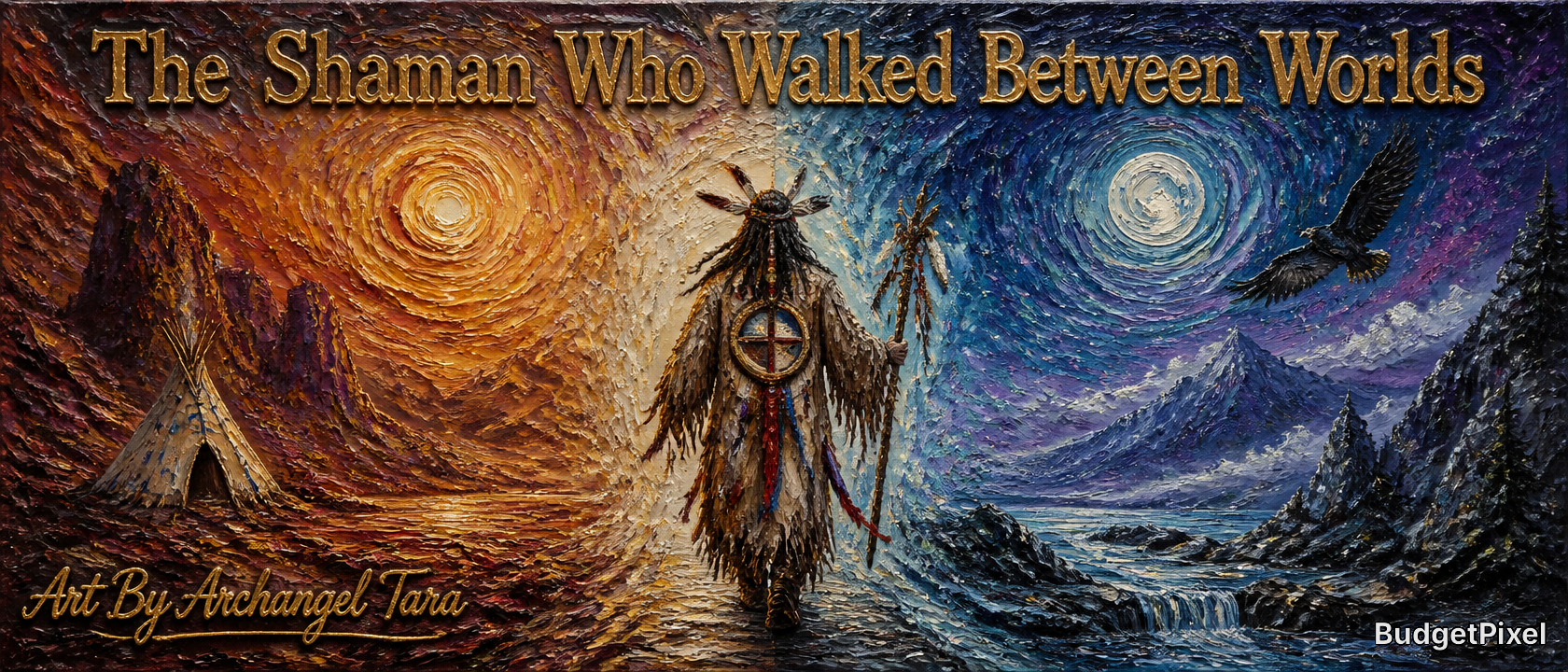 Colorful fantasy painting of a shaman between worlds with a sunlit desert on the left and moonlit icy mountains on the right.