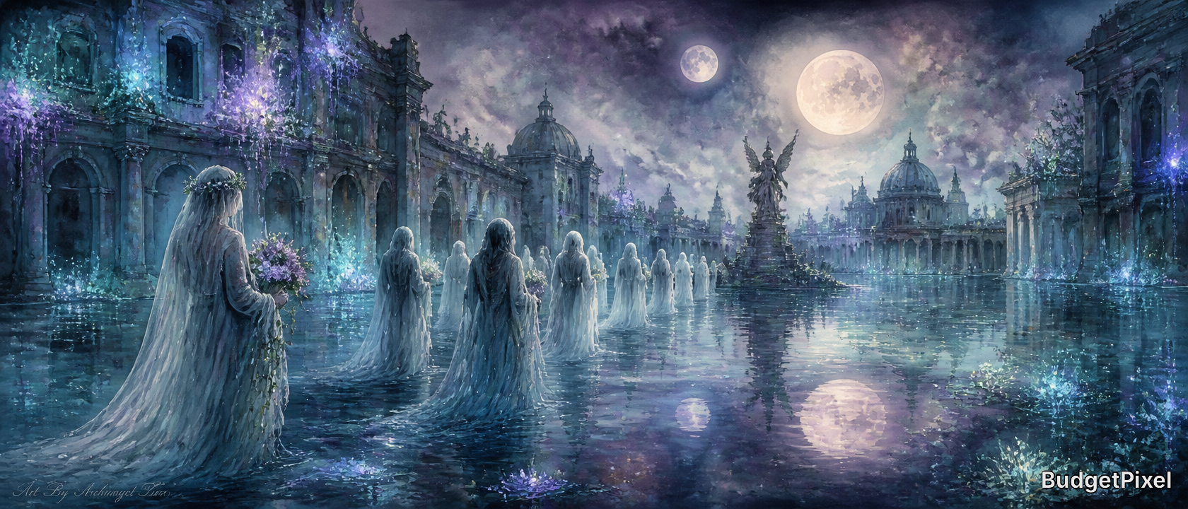 Moonlit ghostly figures in flowing robes walk along a water-filled ancient ruin with domed structures.