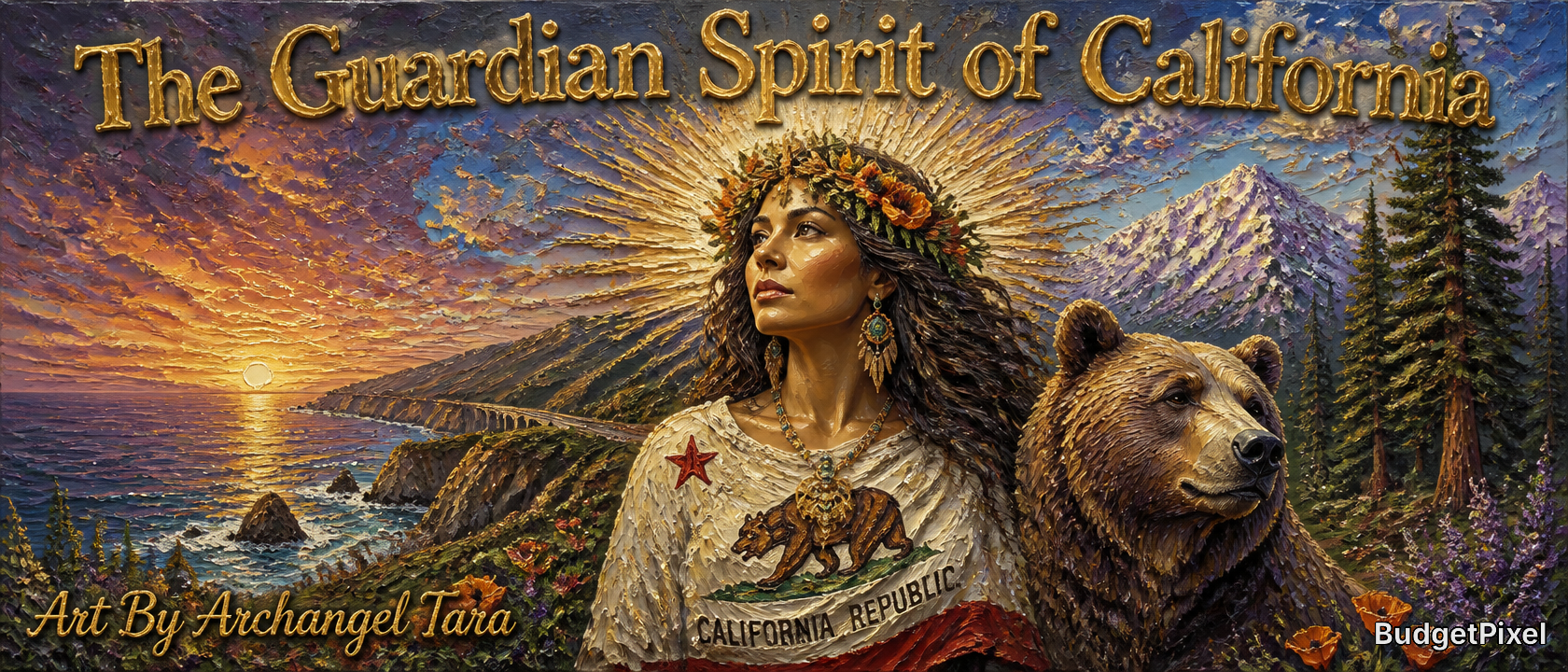 Guardian spirit woman with a bear, California landscape, sunburst and mountains