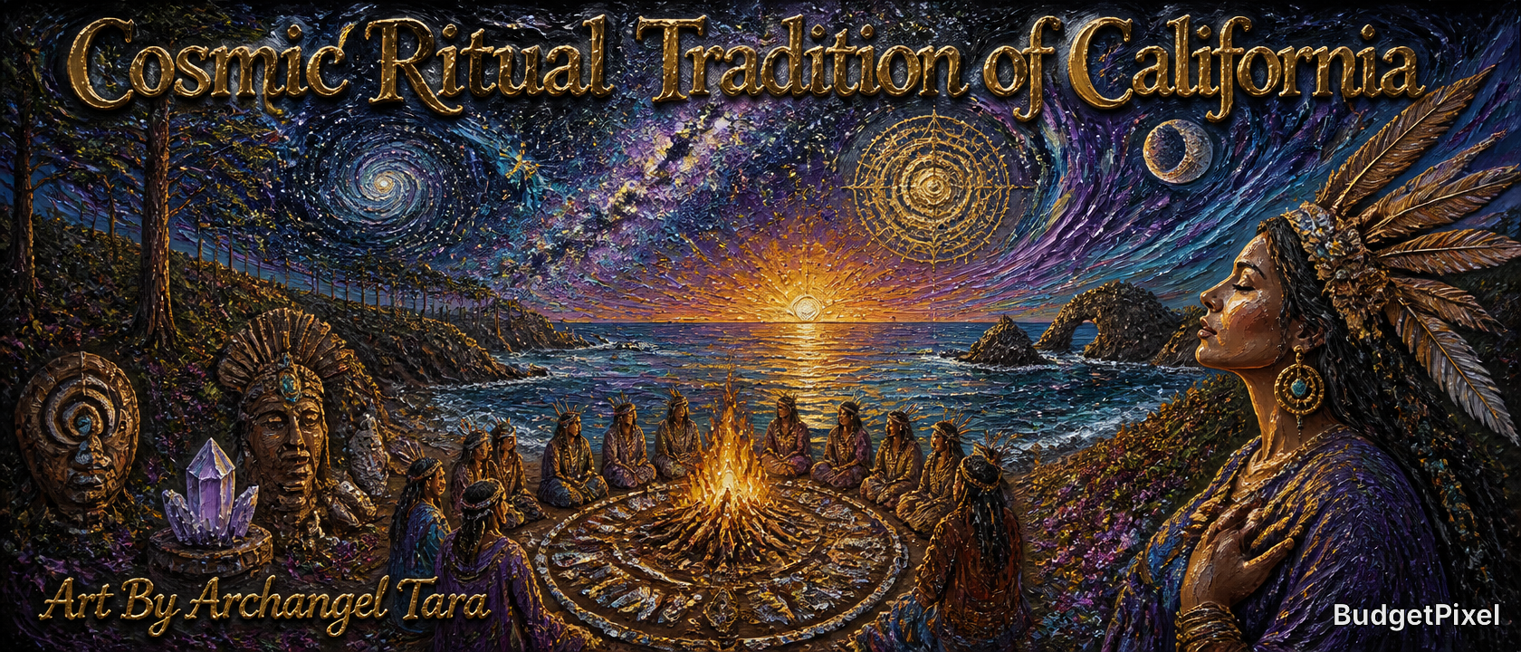 Cosmic ritual gathering around a bonfire on a California coast under a star-filled, nebula sky with a Native-inspired feat...