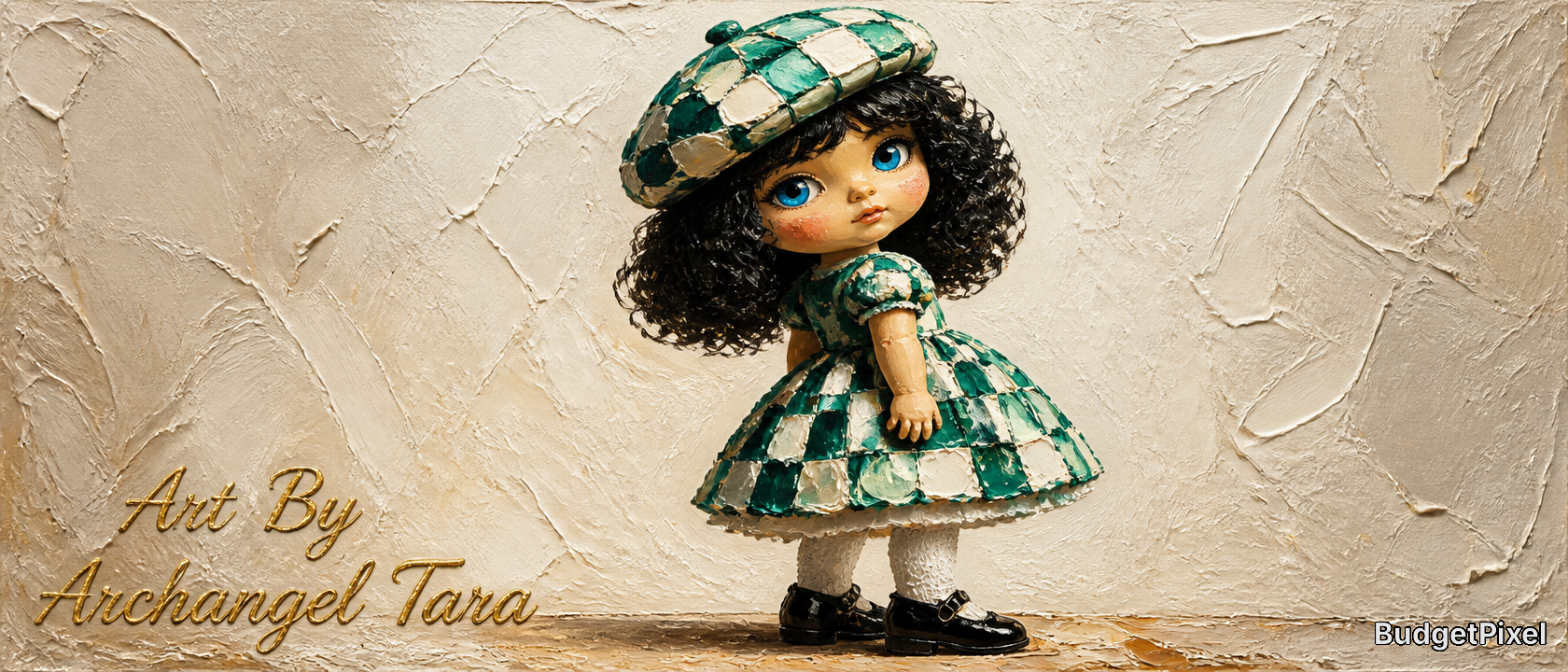 Little doll with curly black hair in a green checkered dress and beret stands against a textured wall.