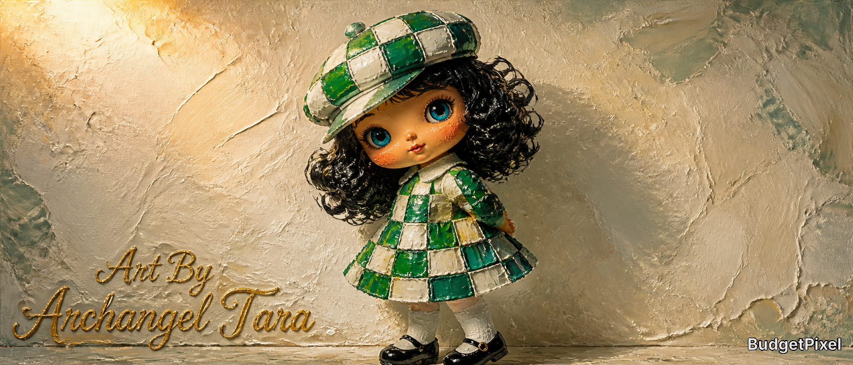 Doll with black curly hair in a green-and-white checkered dress and matching hat posed against a textured wall.