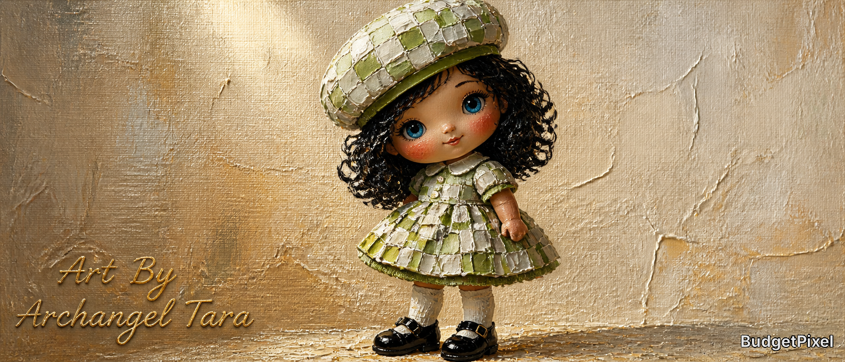 Cute vintage-style doll in a green plaid dress and matching hat on a textured beige backdrop
