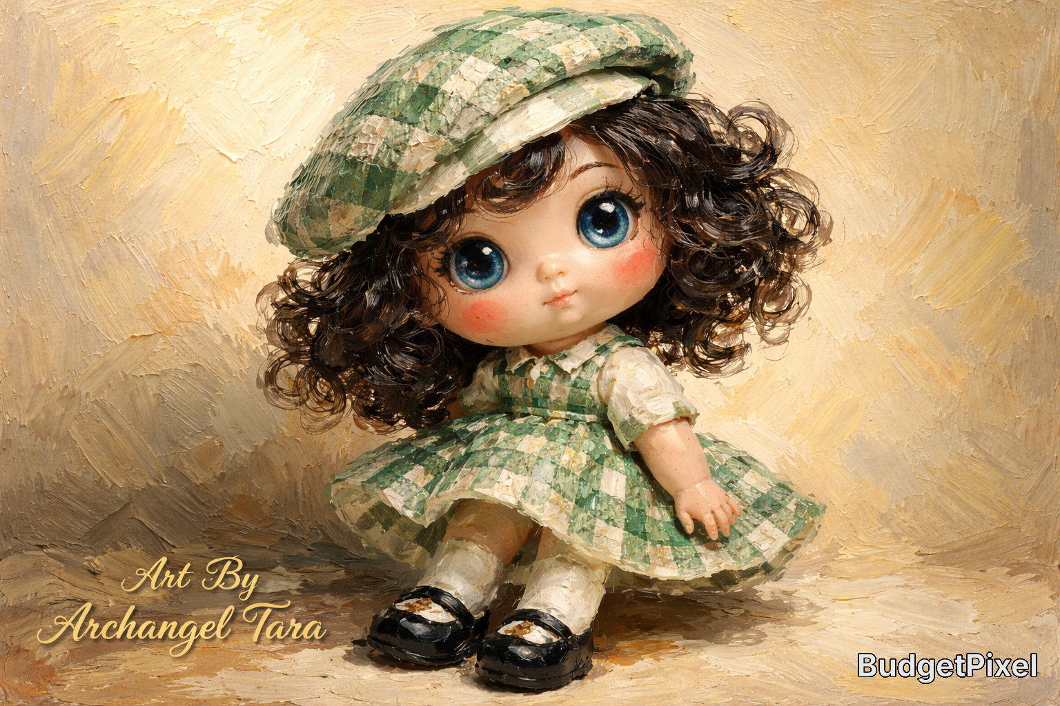 Cute vintage-style doll with oversized blue eyes, curly brown hair, wearing a green plaid dress and hat.