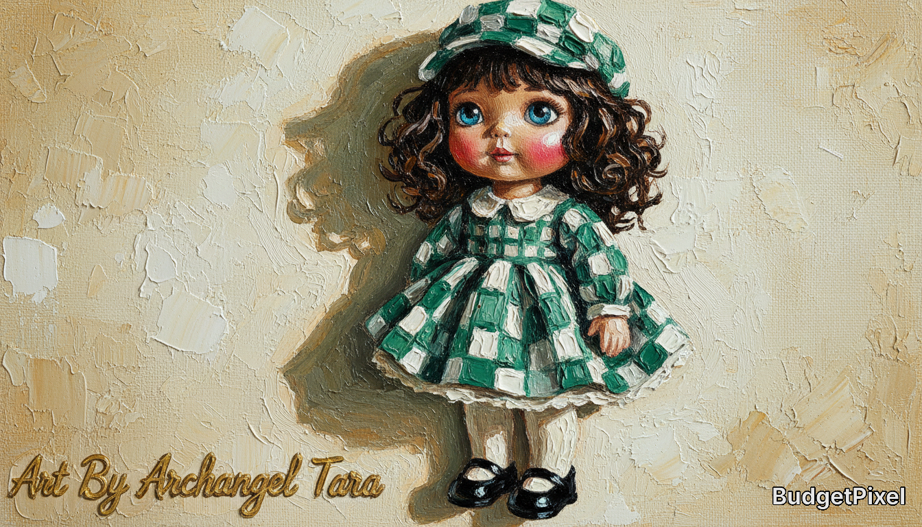 Cute vintage-style doll painting in a green checkered dress with black Mary Jane shoes.