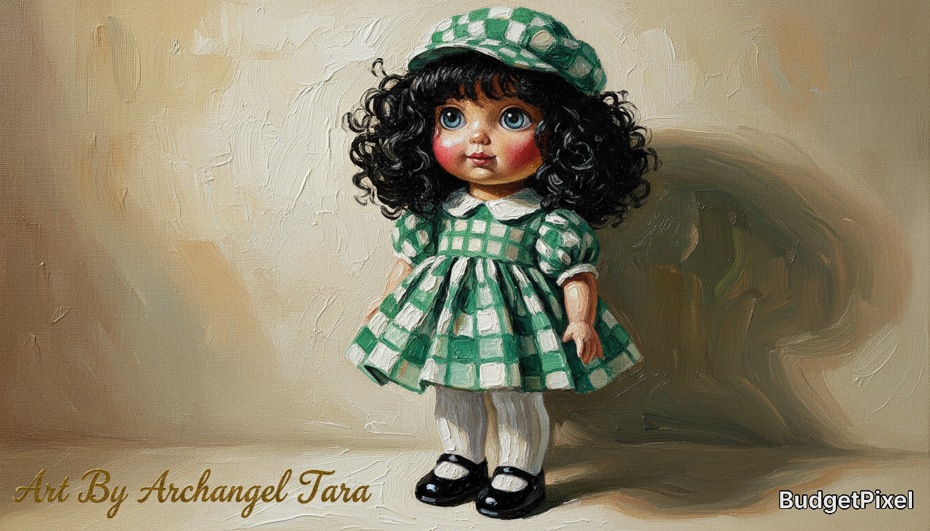 Precious vintage-style doll with curly black hair wearing a green gingham dress and matching hat.