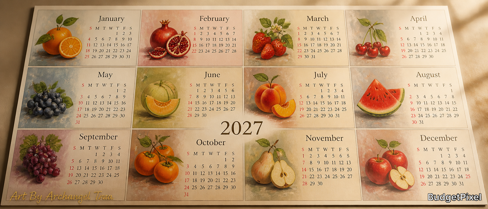 2027 calendar grid with watercolor fruit illustrations for each month.