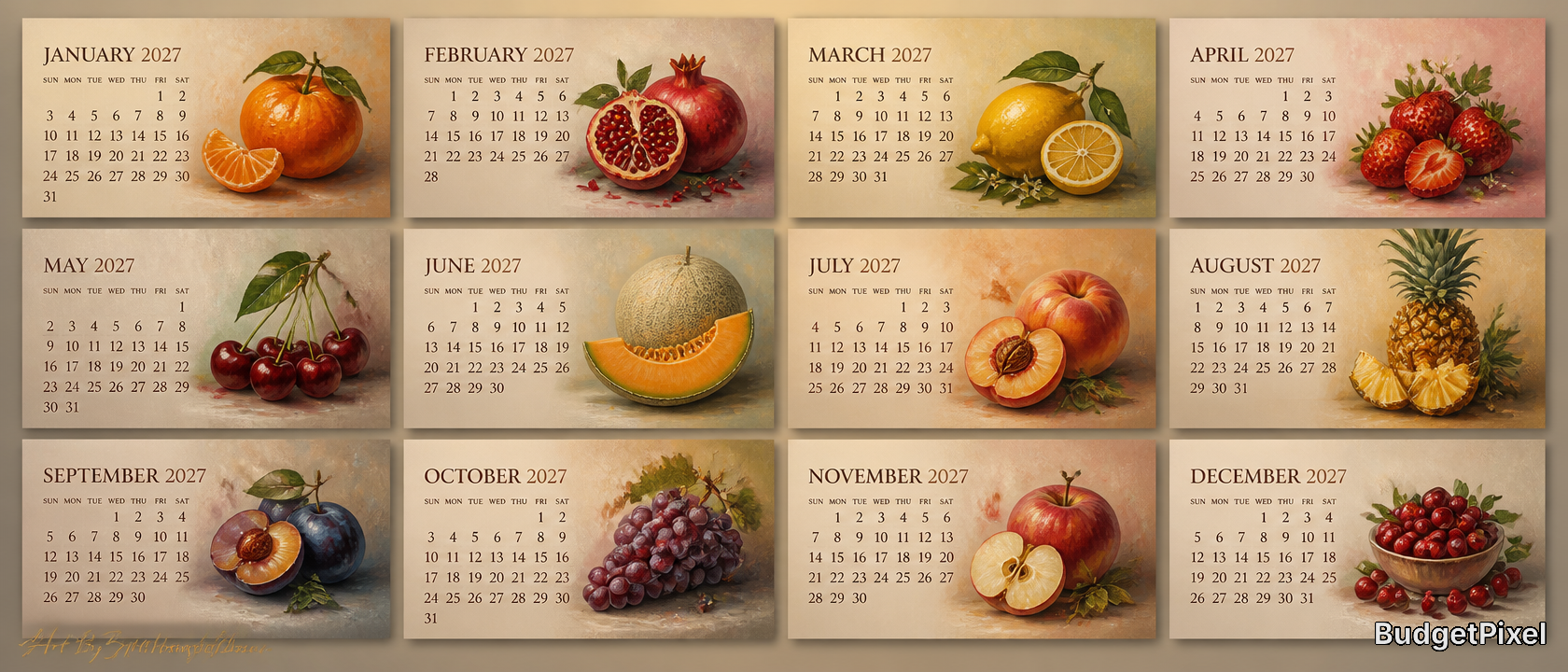 A 2027 calendar with each month paired with a vibrant fruit illustration.