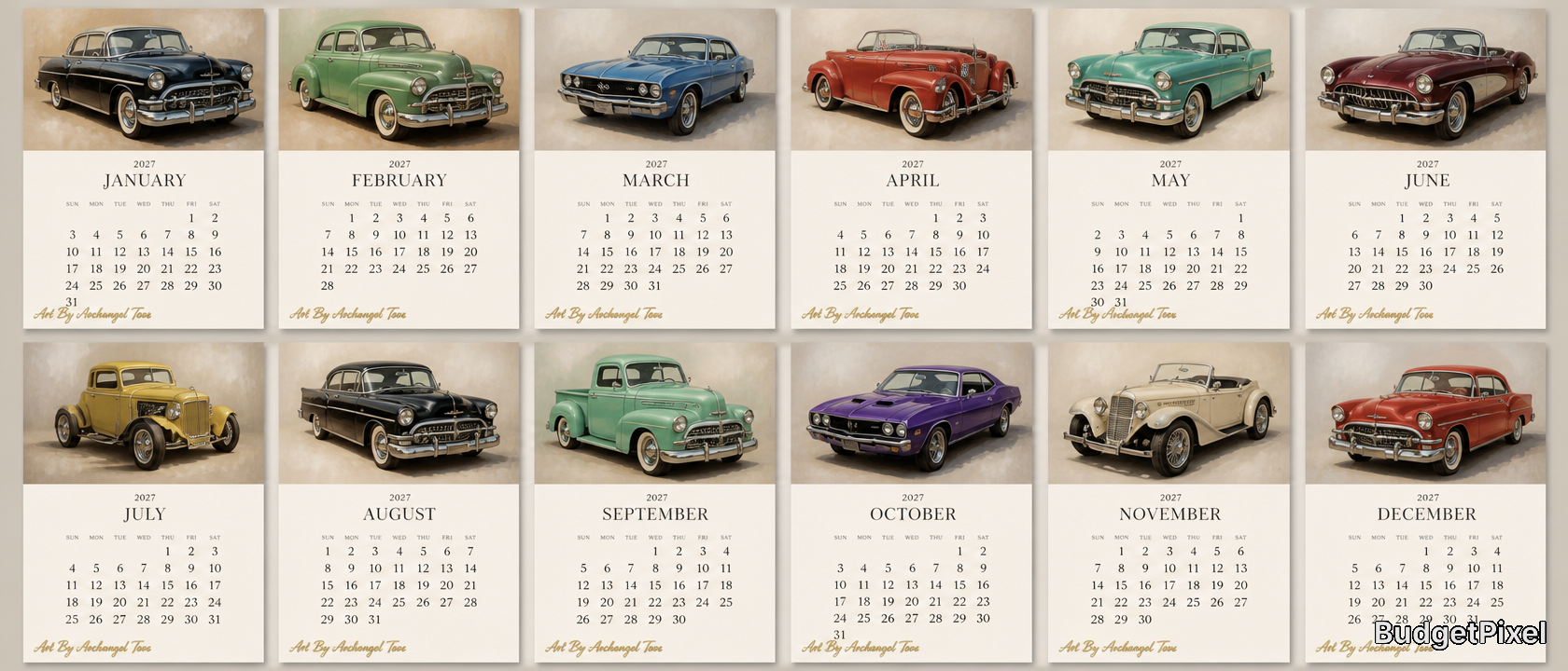 Vintage car calendar pages layout with twelve classic cars for each month.