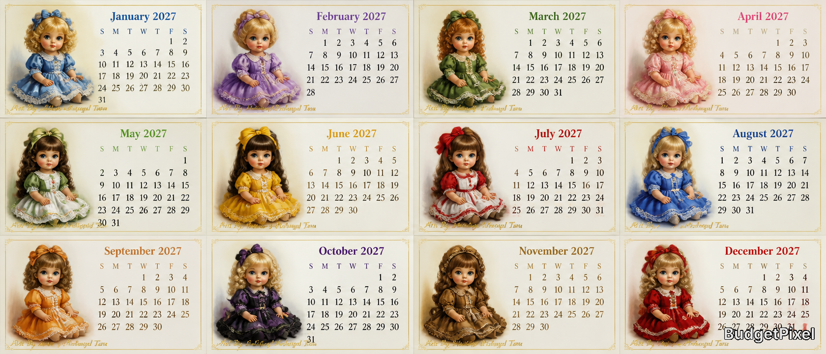 Calendar collage with 12 months featuring vintage-style dolls in pastel outfits.